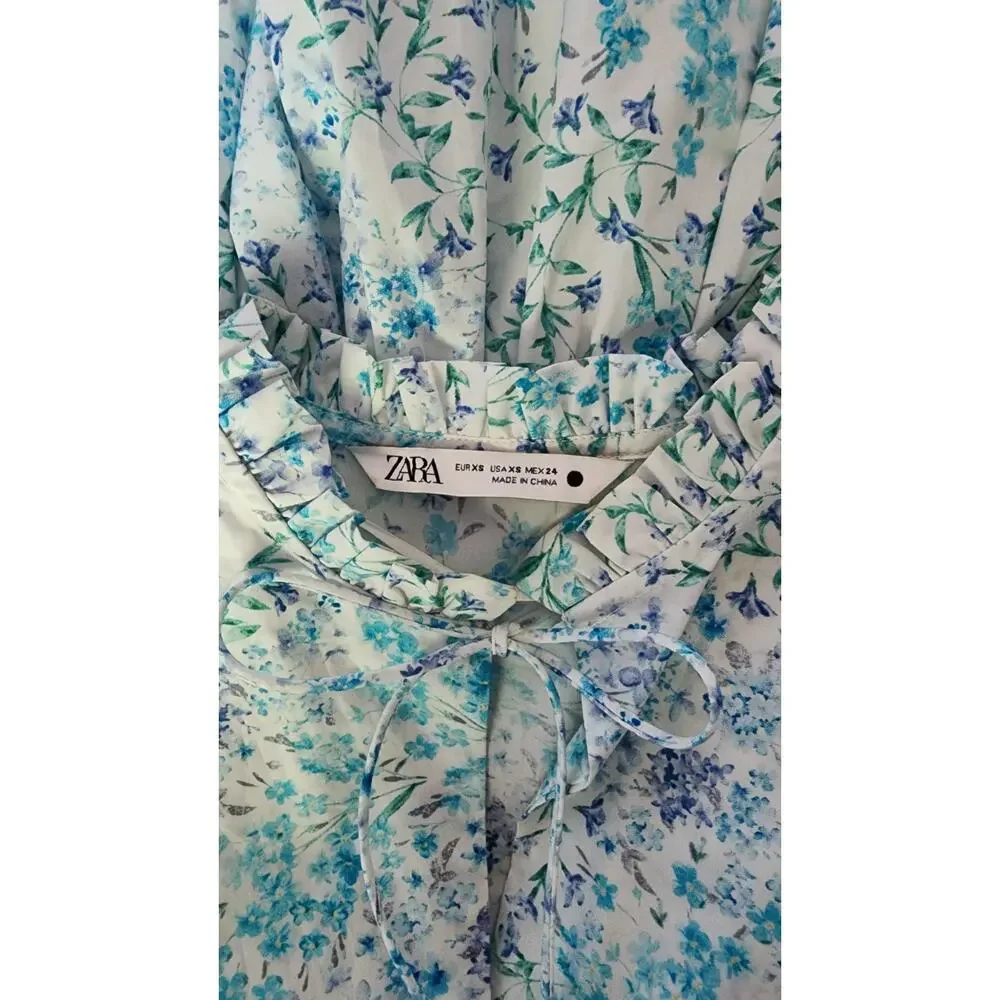 Zara Fancy Blue Poplin Cotton 3/4 Sleeve Dress Mini XS Loveshack Floral Print